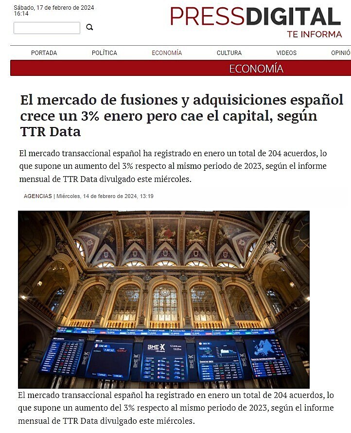 El mercado de fusiones y adquisiciones espaol crece un 3% enero pero cae el capital, segn TTR Data